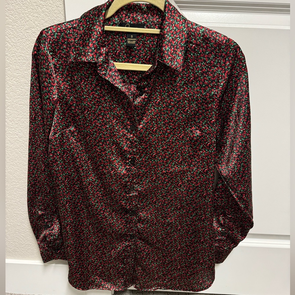 JASPER Floral Button Up Blouse Red Green Print Long Sleeve Size S